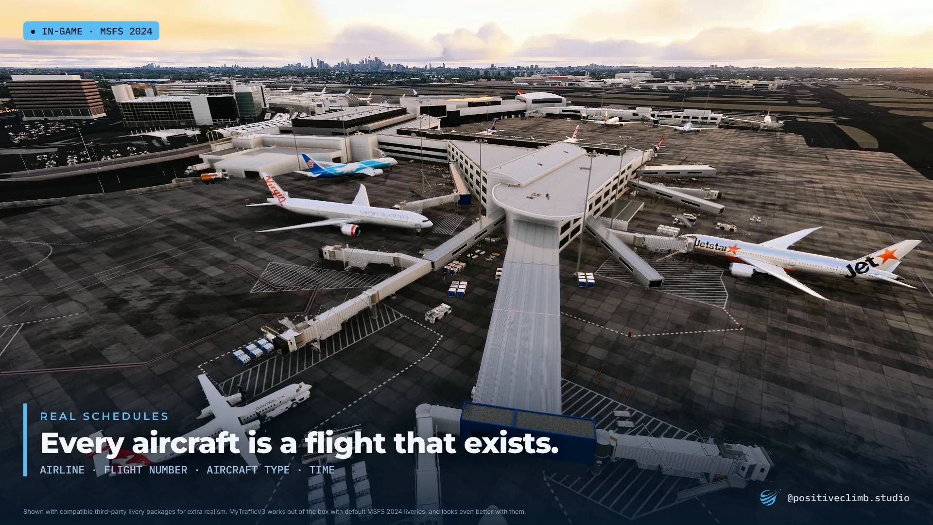 MyTrafficV3 in MSFS 2024: a busy international terminal with aircraft from several airlines. Caption: Every aircraft is a flight that exists.