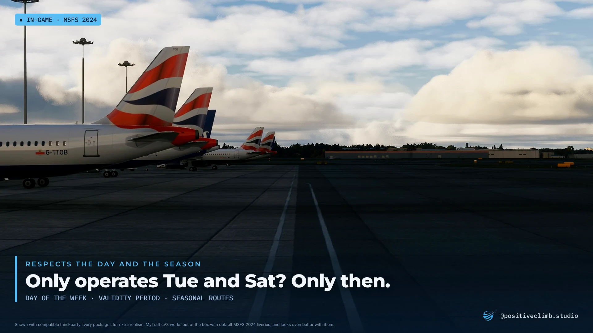 Tail fins of airliners at the gate. Caption: Only operates Tue and Sat? Only then.