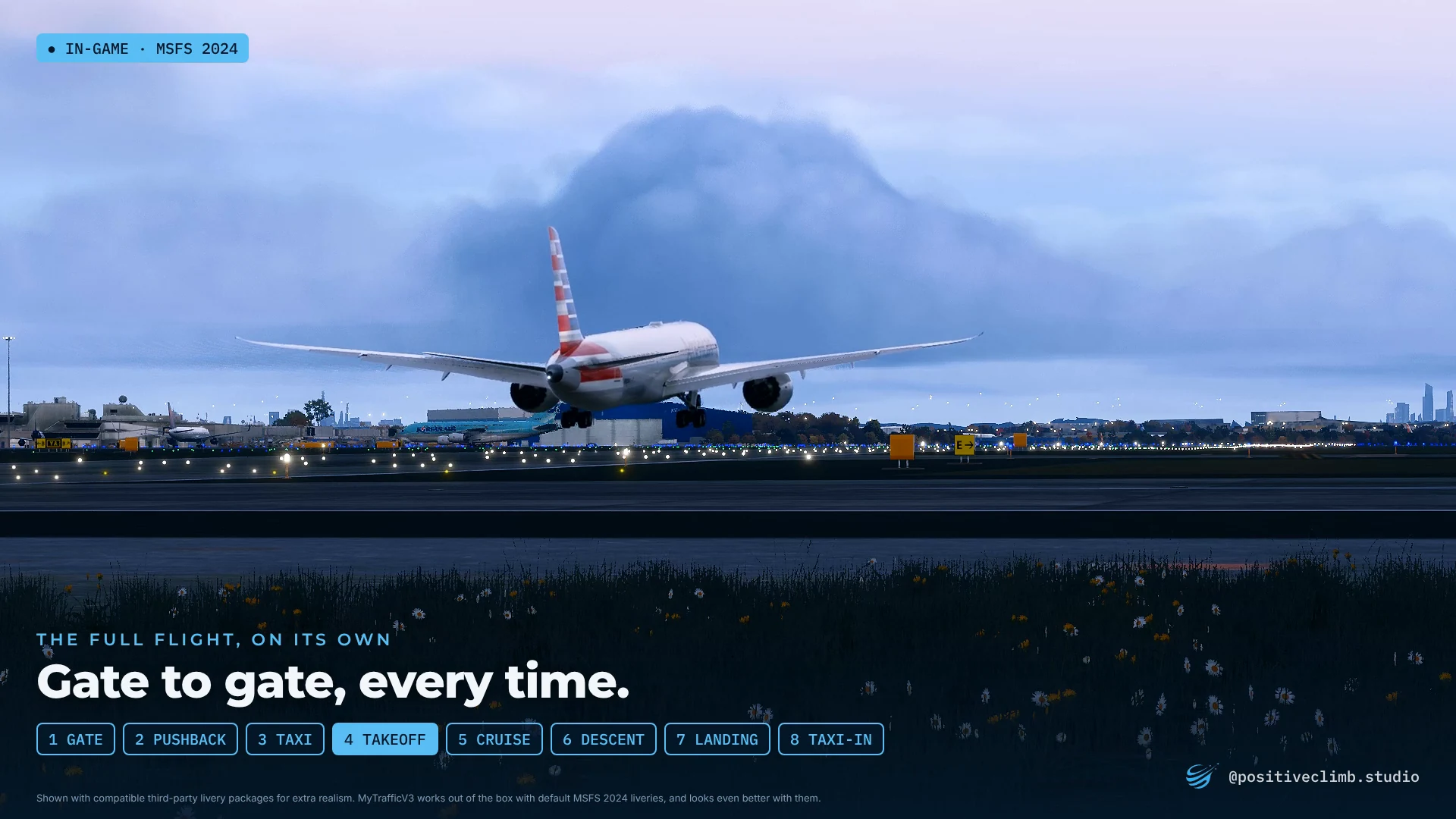 An airliner on takeoff roll. Caption: Gate to gate, every time.