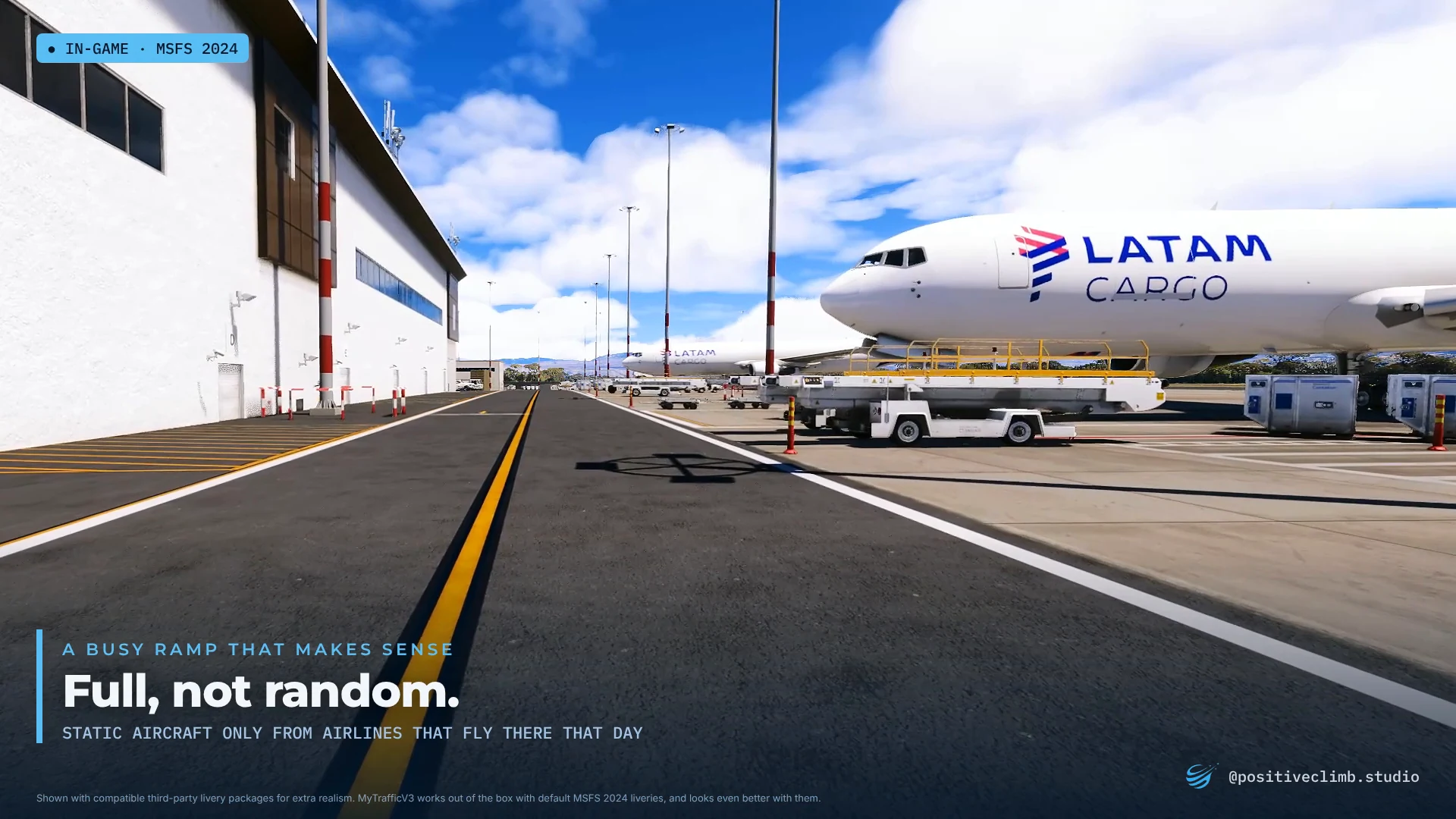 A cargo airliner parked at a hangar ramp. Caption: Full, not random.