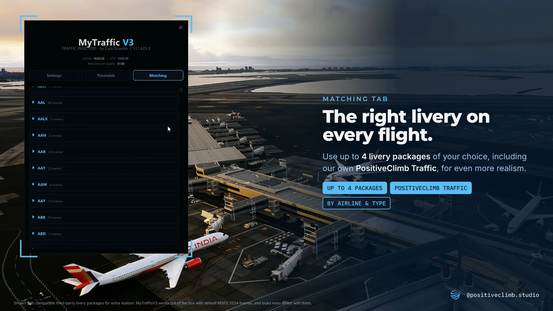 The MyTrafficV3 Matching tab for choosing liveries by airline and aircraft type.