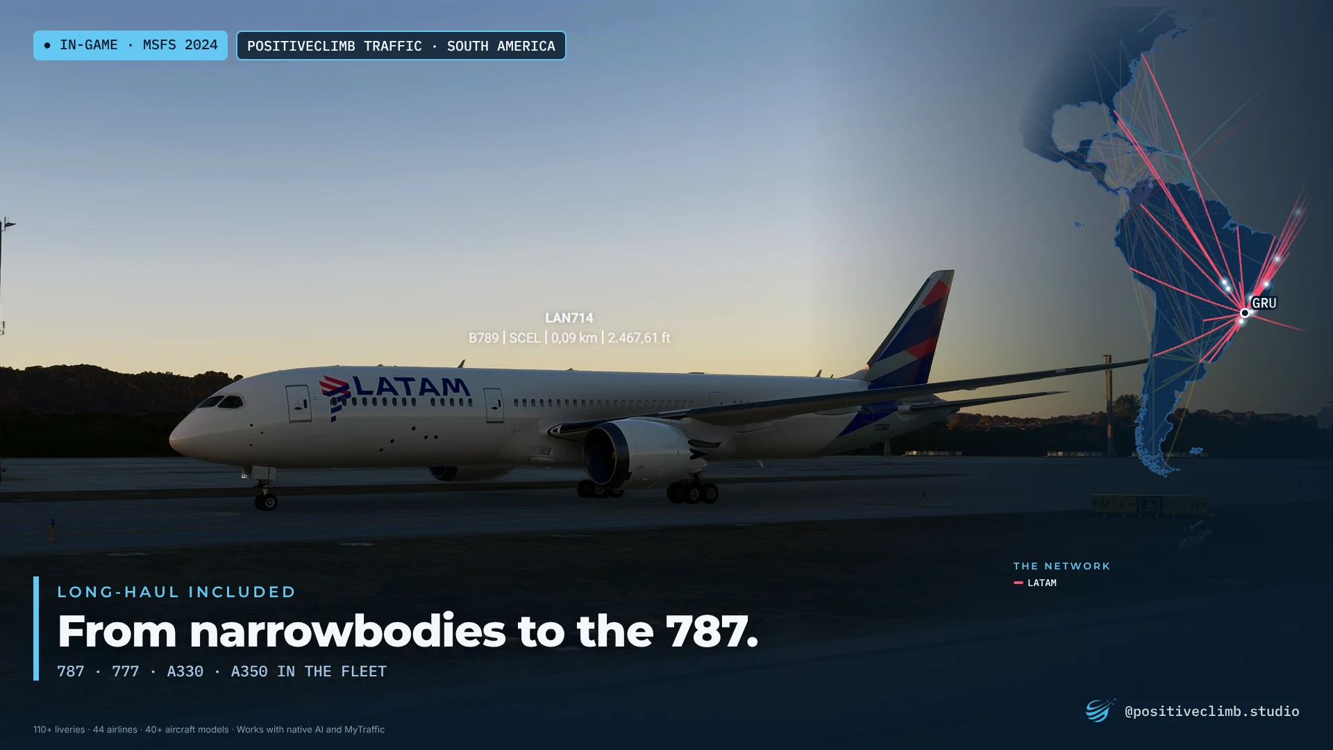A LATAM widebody taxiing at sunset.
